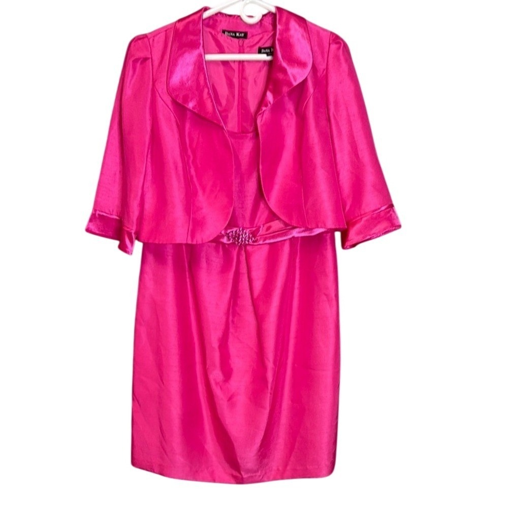 Dana Kay Womens Pink Satin Sheath Dress with Matching Bolero Jacket Set 12